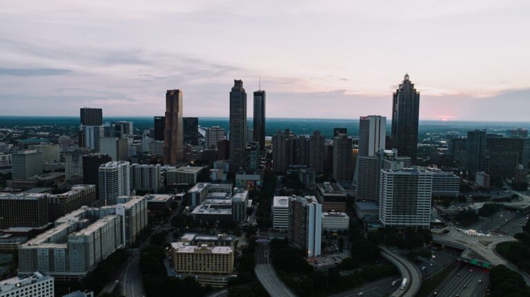 Aerial view of the Atlanta skyline at sunset